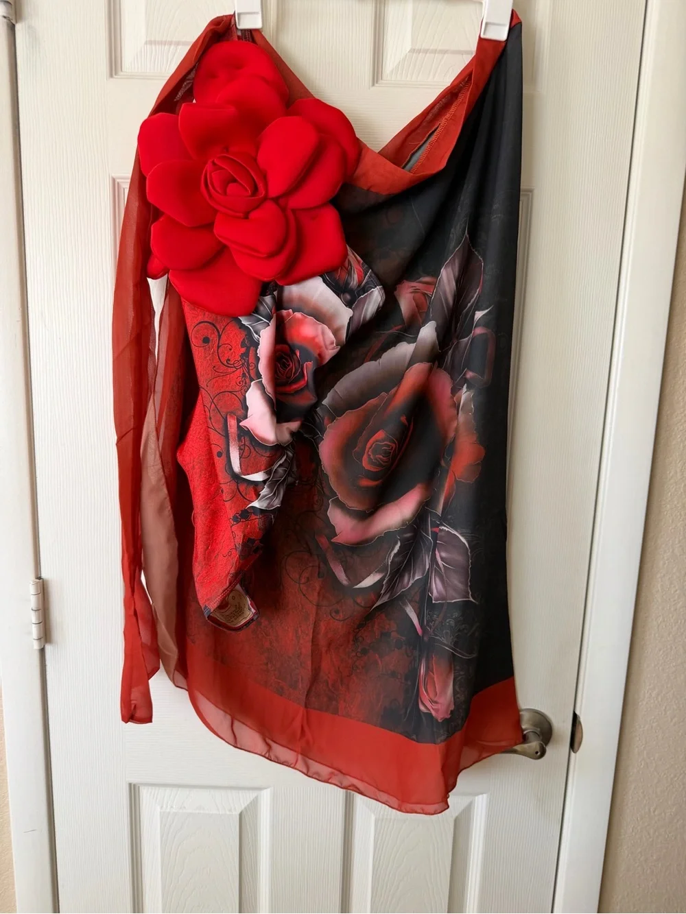 Red Floral One-Piece Swimsuit w/3D Flower Accent & Sarong